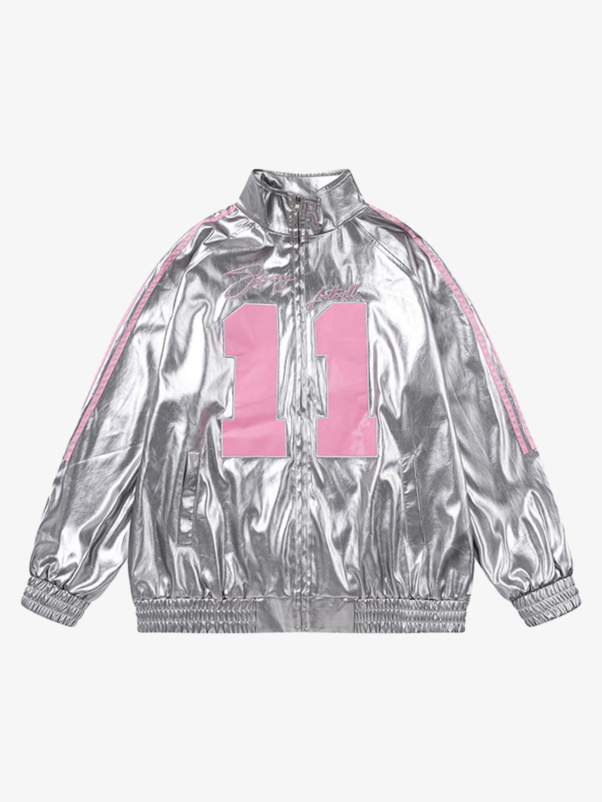 Reflective Metallic Track Jacket with Pink Accents for Sporty Elegance 