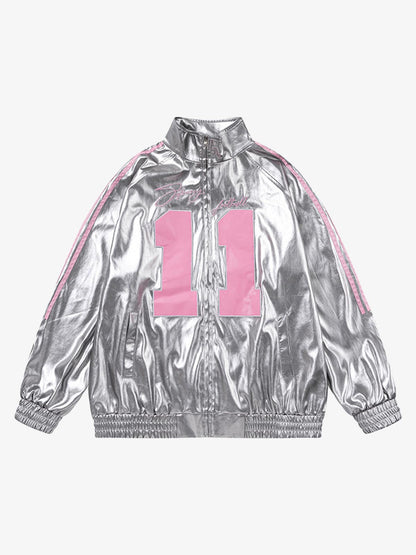 Reflective Metallic Track Jacket with Pink Accents for Sporty Elegance 
