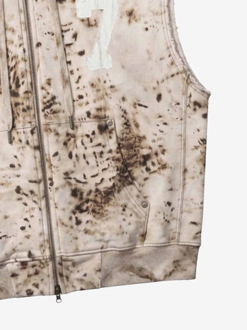 Washed Distressed Irregular Leopard Sleeveless Hooded Vest Set 