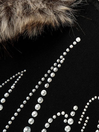 Stylish Faux Fur Trim Hooded Jacket with Sparkling Embellishments 