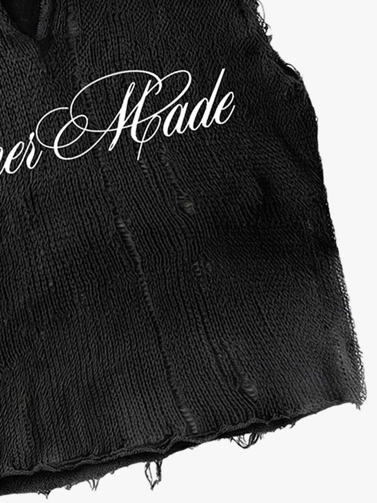 Distressed Embroidered Hooded Knit Vest