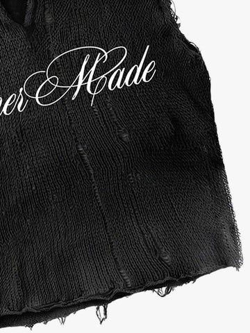 Distressed Embroidered Hooded Knit Vest