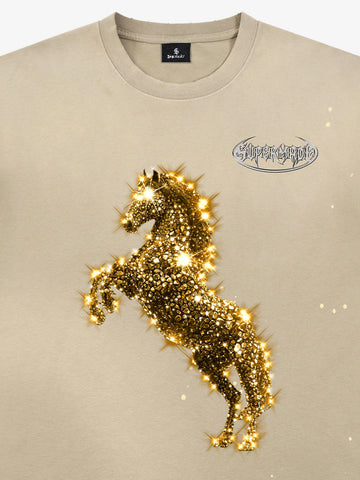 Unisex Washed Ink Blending Dual Color Cotton Horse Year Embroidered Diamond Horse Element Pattern Short-Sleeve T-Shirt 