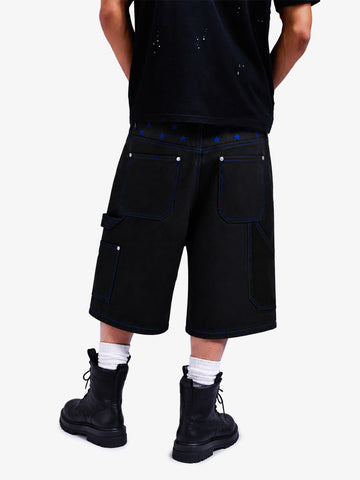 Black Utility Denim Shorts with Blue Embroidery