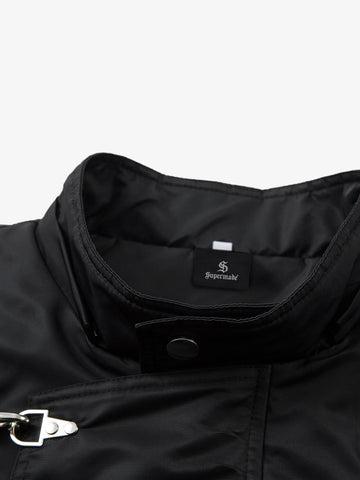 Detachable Faux Fur Collar Ruched Sleeve Bomber Jacket 
