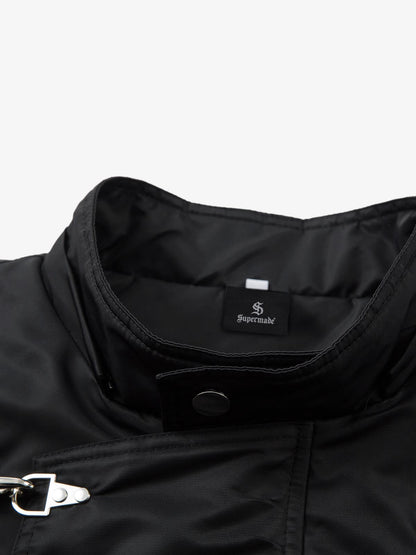 Detachable Faux Fur Collar Ruched Sleeve Bomber Jacket 