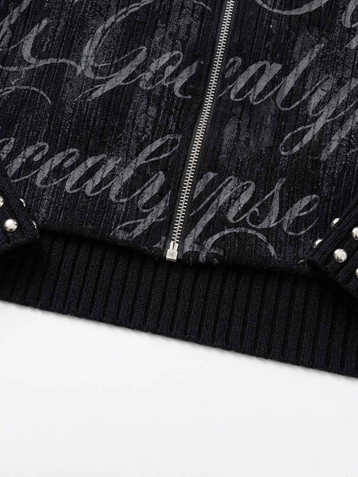 Studded Gothic Letter Stand-Collar Zip Knit Sweater