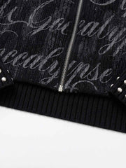 Studded Gothic Letter Stand-Collar Zip Knit Sweater