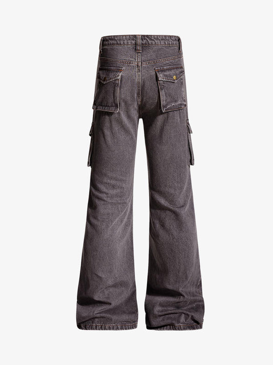 Retro Faded Multi-Pocket Flared Cargo Jeans 
