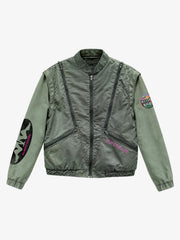Playful Graphic Multi-Zip Cropped Bomber Jacket