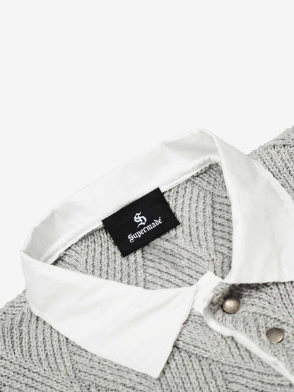 Retro Contrast Collar Embroidery Knit Sweater 