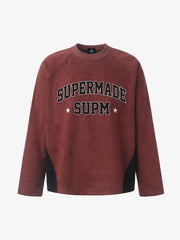Letter Embroidered Faux Suede Long Sleeve Top