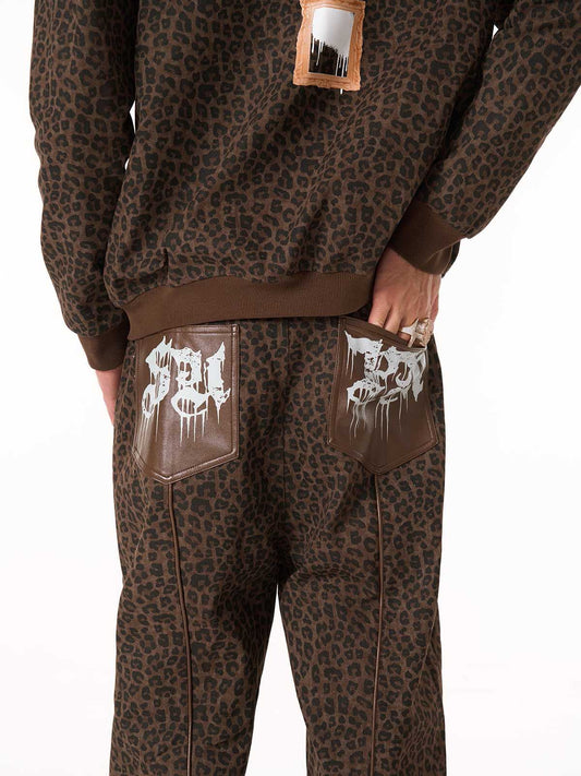 SUPM Graffiti Print and Leather Leopard Print Wide-leg Pants 