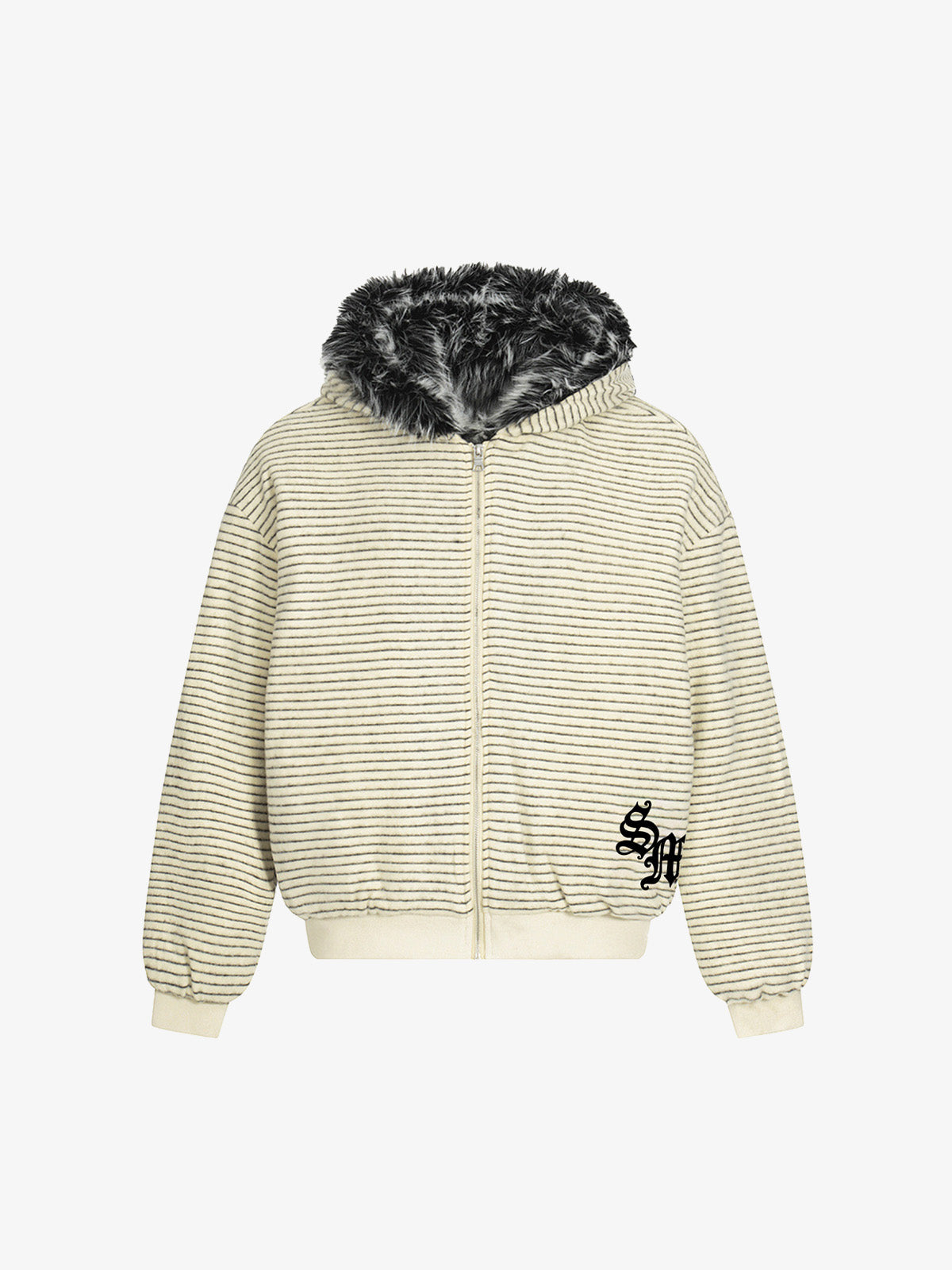 Striped Hooded Jacket with Faux Fur Trim for Winter and Fall 