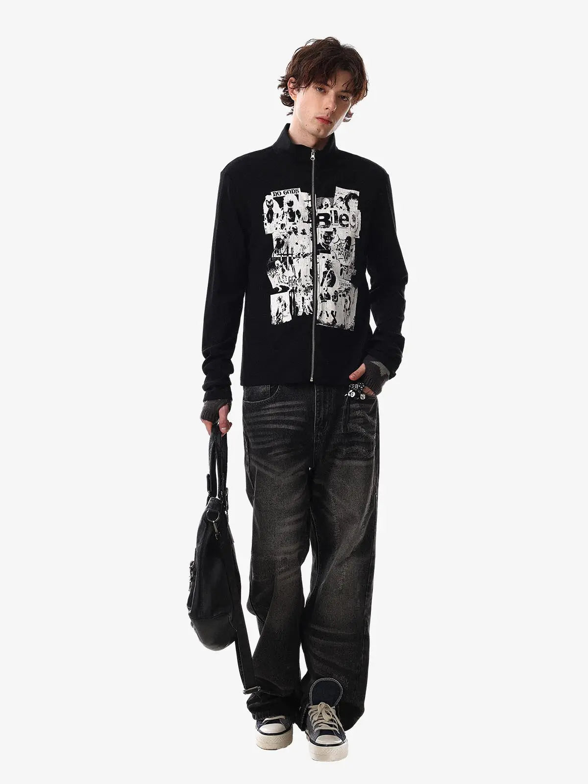 Retro Punk Print Knit Cardigan Long Sleeve Top 