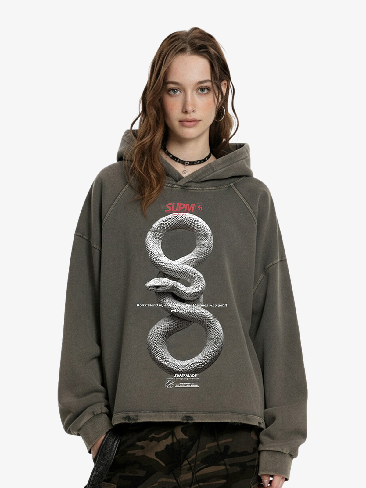 Vintage Washed Snake Appliqué Pullover Hoodie 