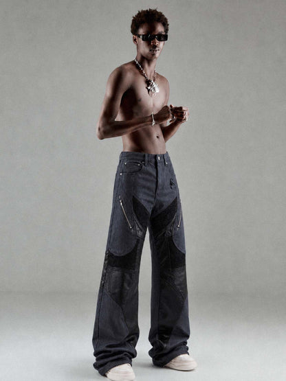 Leather-Paneled Moto Zip Straight-Leg Jeans