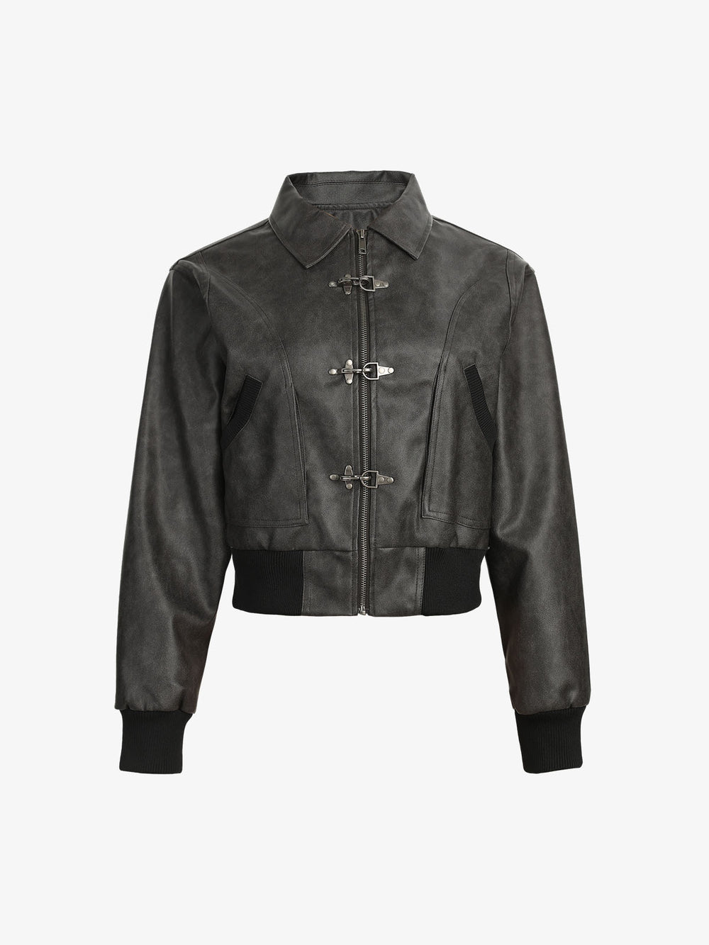 Metal Button Cropped Leather Bomber Jacket