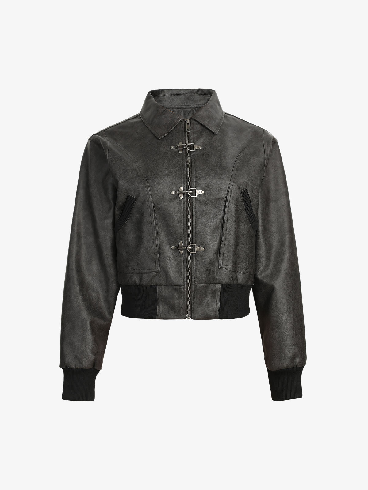 Metal Button Cropped Leather Bomber Jacket