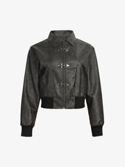 Metal Button Cropped Leather Bomber Jacket