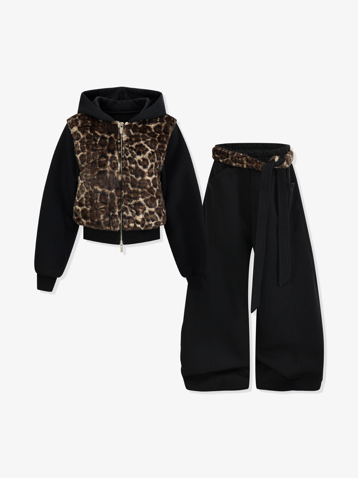 Leopard Plush Patchwork Hoodie & Wide-Leg Sweatpants Set