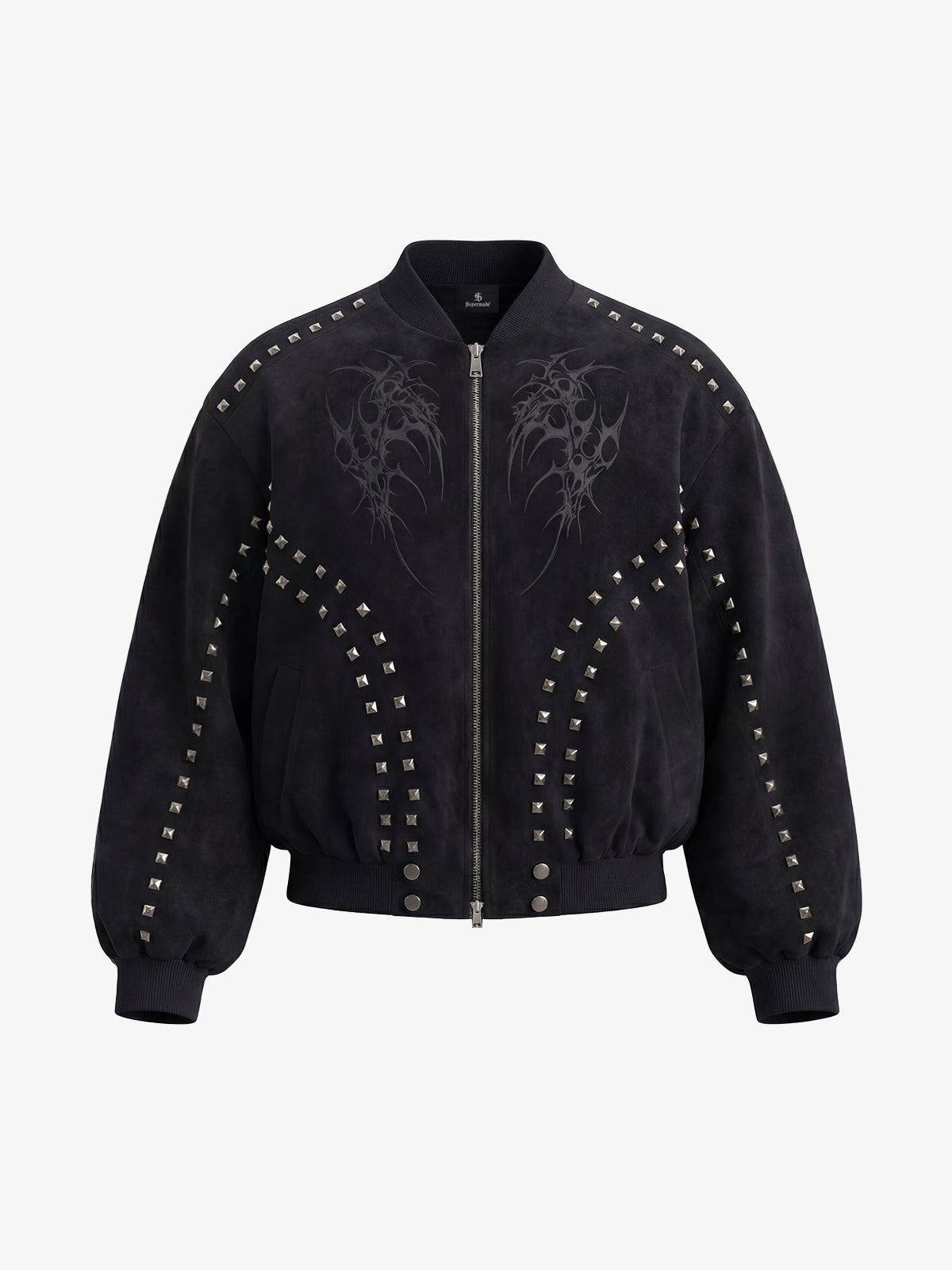 Suede Punk-Style Double-sided zipper Bomber Jacket with Studs Embroidery and Printing Techniques 