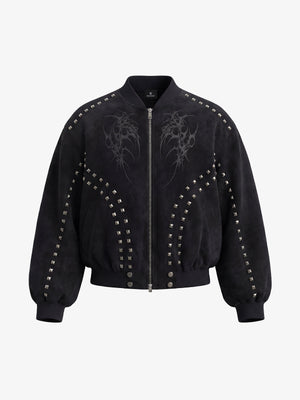 Suede Punk-Style Double-sided zipper Bomber Jacket with Studs Embroidery and Printing Techniques 