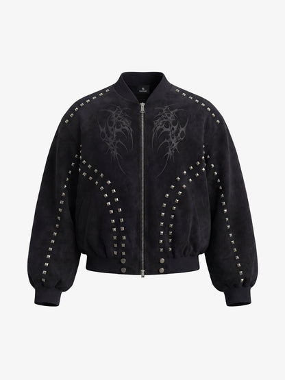Suede Punk-Style Double-sided zipper Bomber Jacket with Studs Embroidery and Printing Techniques 