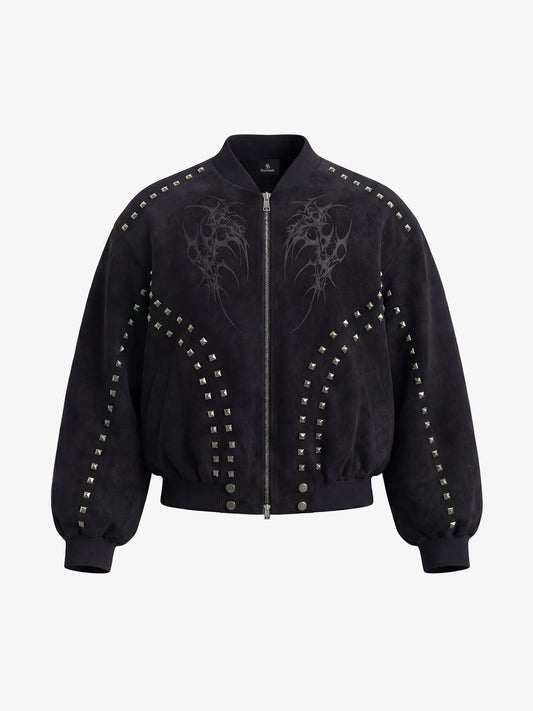 Suede Punk-Style Double-sided zipper Bomber Jacket with Studs Embroidery and Printing Techniques 