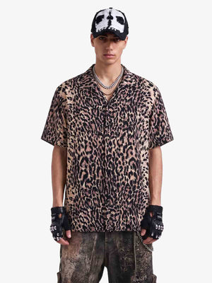 Cyber Punk Leopard Print Camp Collar Boxy Shirt 