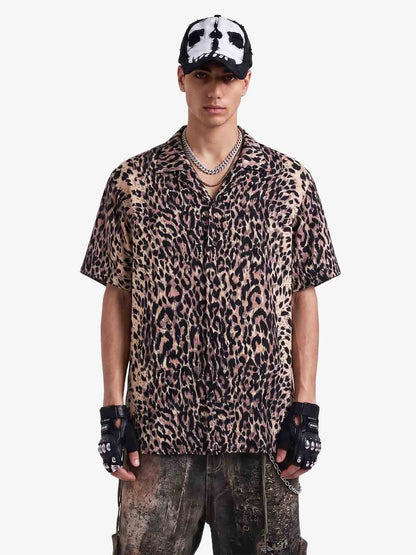 Cyber Punk Leopard Print Camp Collar Boxy Shirt 