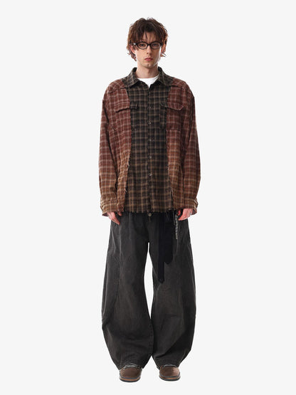 Patchwork Plaid Distressed Hem Shirt
