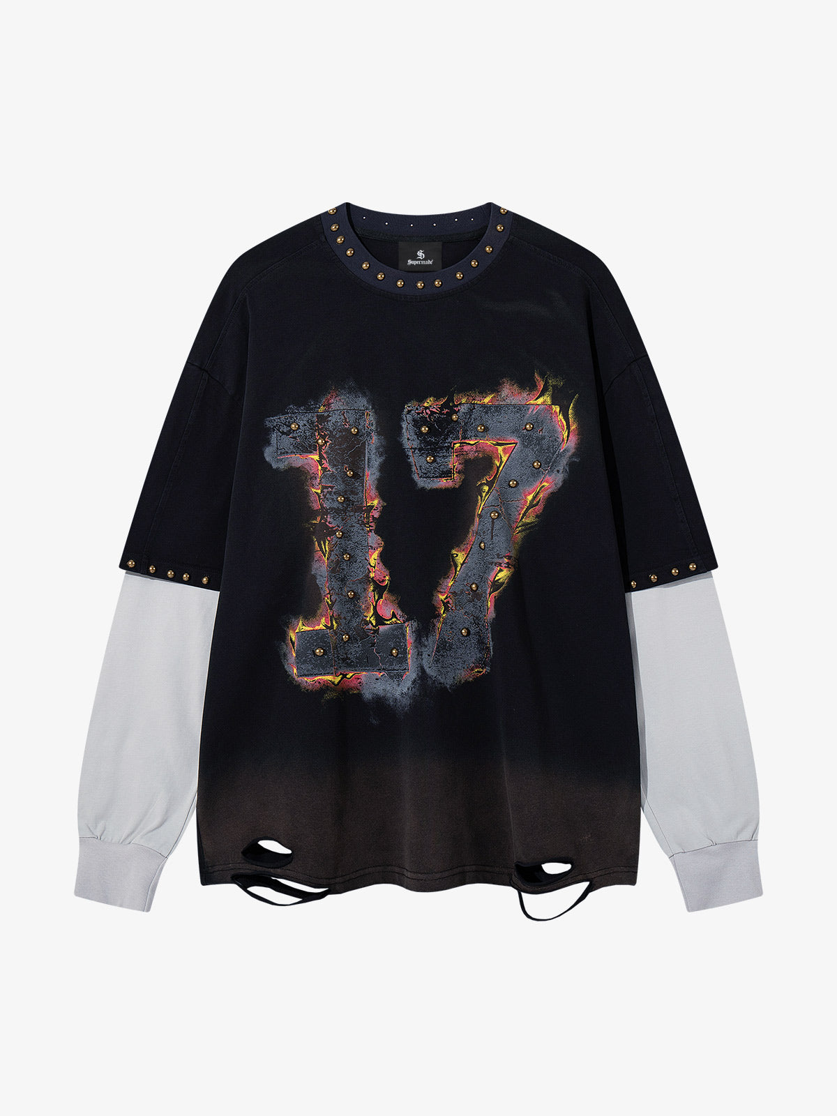 Flame Graphic Studded Distressed Patchwork Long Sleeve Tee