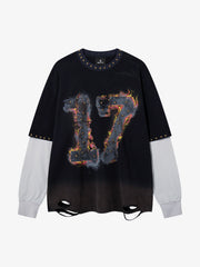 Flame Graphic Studded Distressed Patchwork Long Sleeve Tee