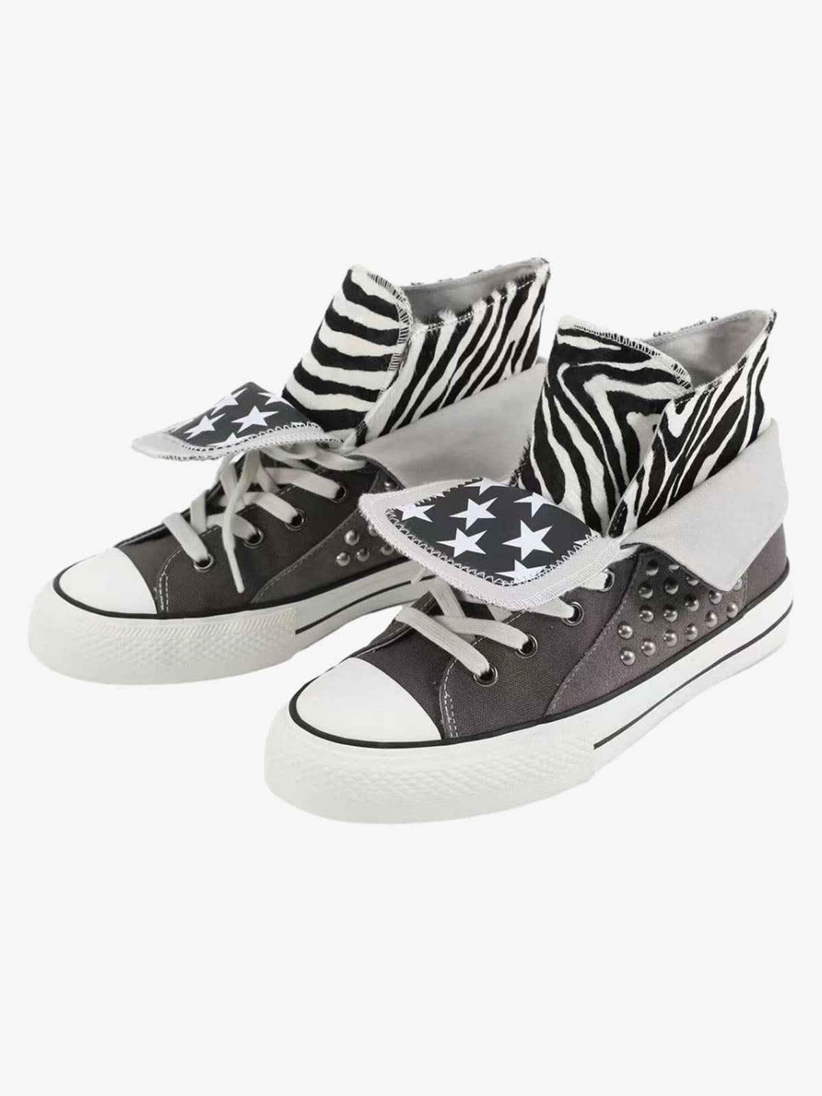 Zebra Studded Double-Layer Canvas Sneakers
