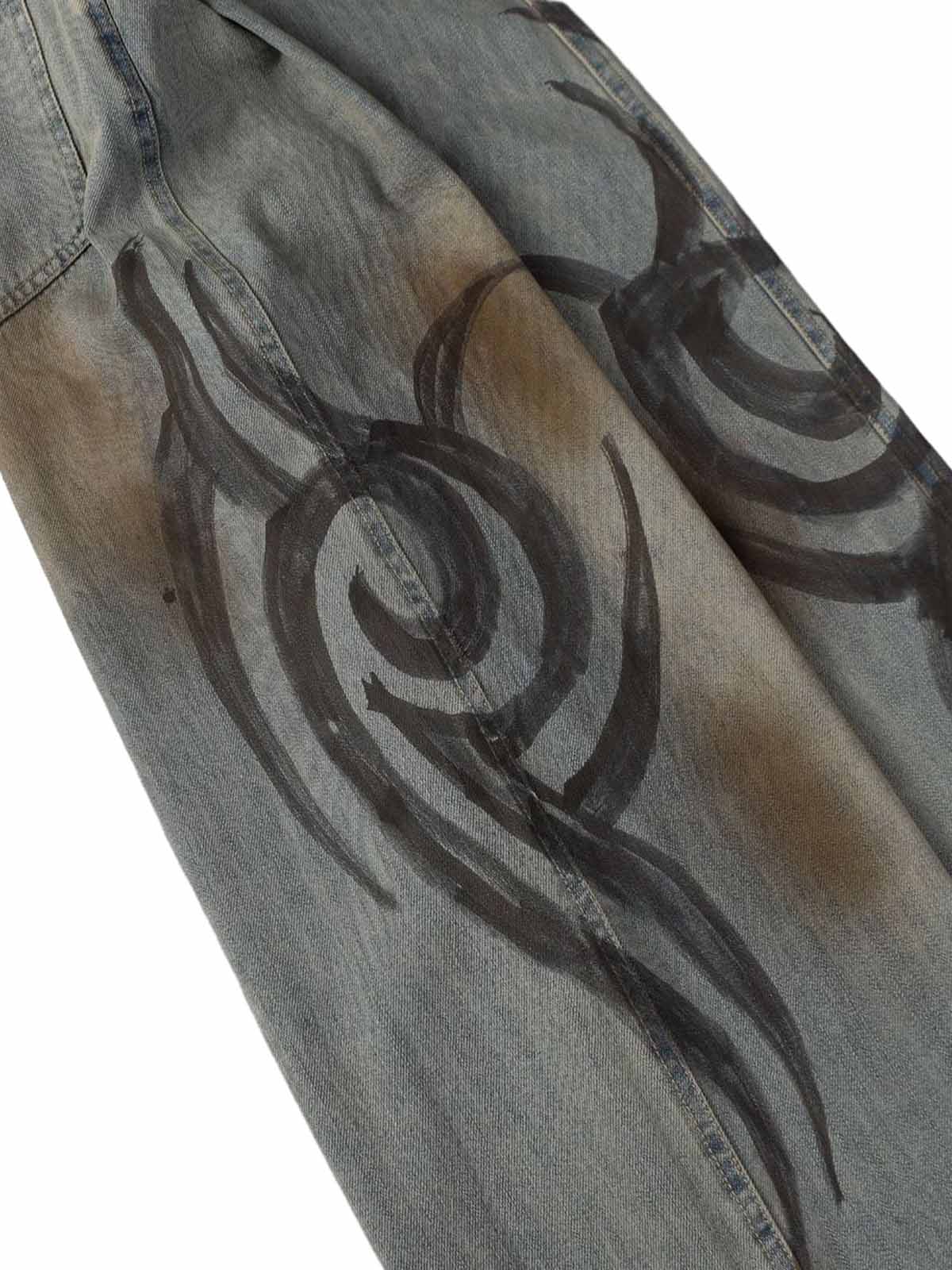 Washed Artistic Tattoo Print Baggy Jeans