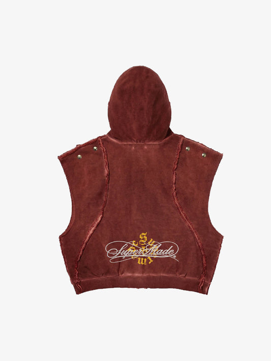 Vintage Distressed Full-Zip Hooded Sleeveless Vest 