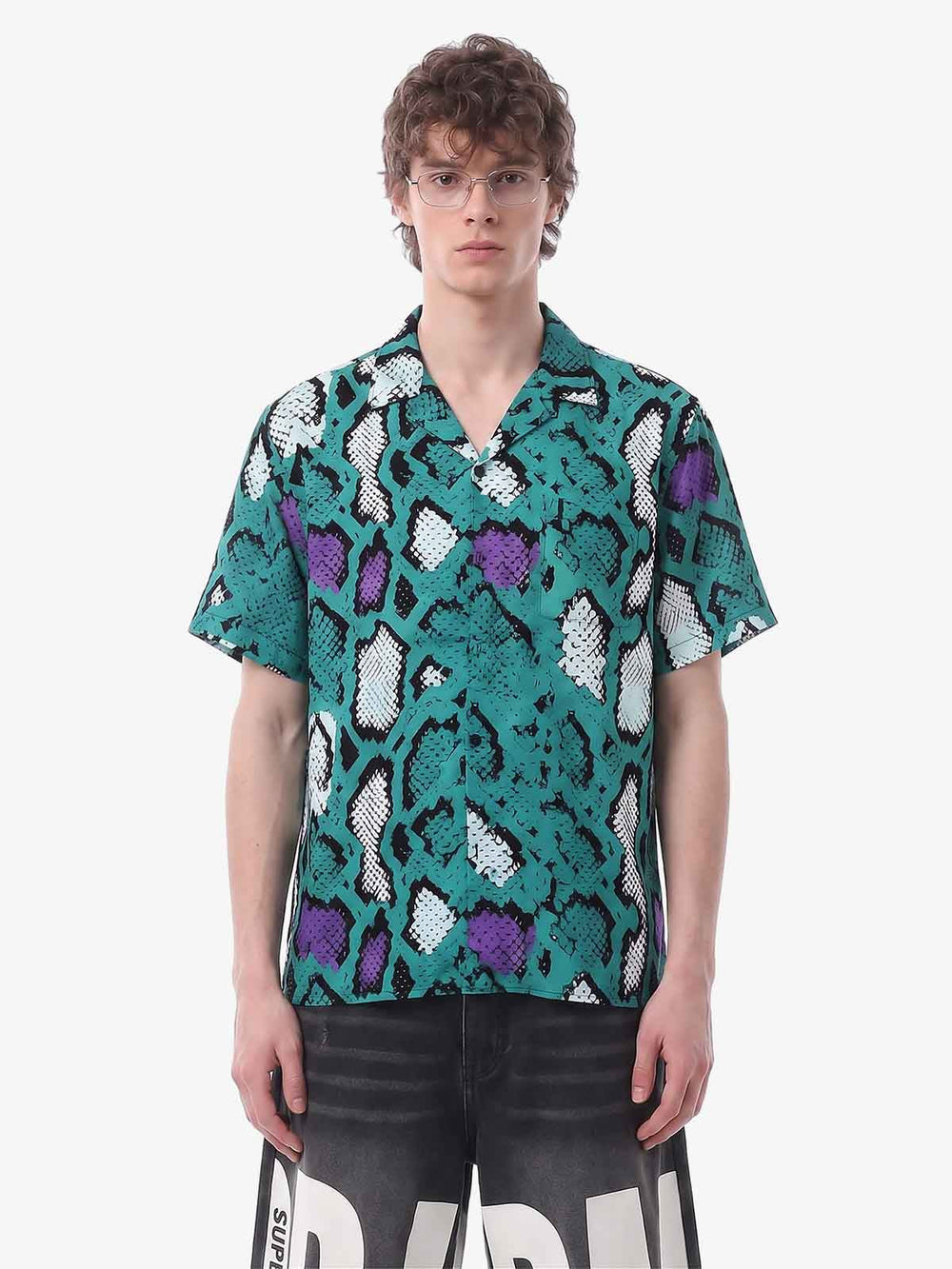 Green Purple Snakeskin Camp Collar Boxy Shirt 