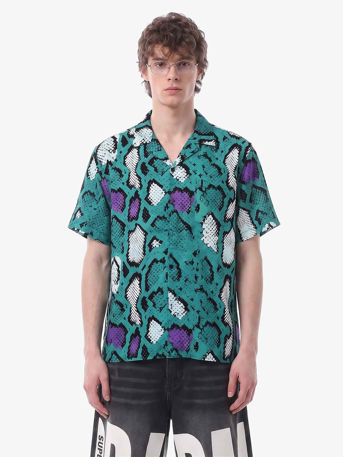 Green Purple Snakeskin Camp Collar Boxy Shirt 