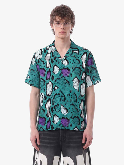 Green Purple Snakeskin Camp Collar Boxy Shirt 
