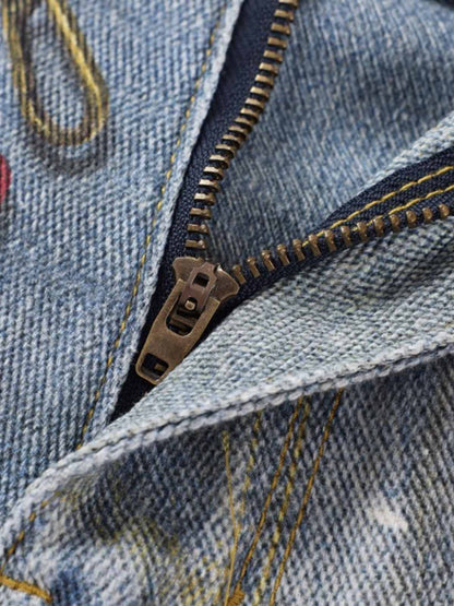 Denim Wide Leg Baggy Jeans with Tie and Pearl Chain Detail for Women Fashion Streetwear 