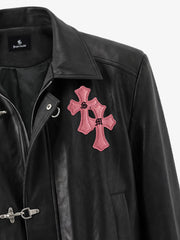 Cross Embroidered Color Block Cropped Biker Jacket