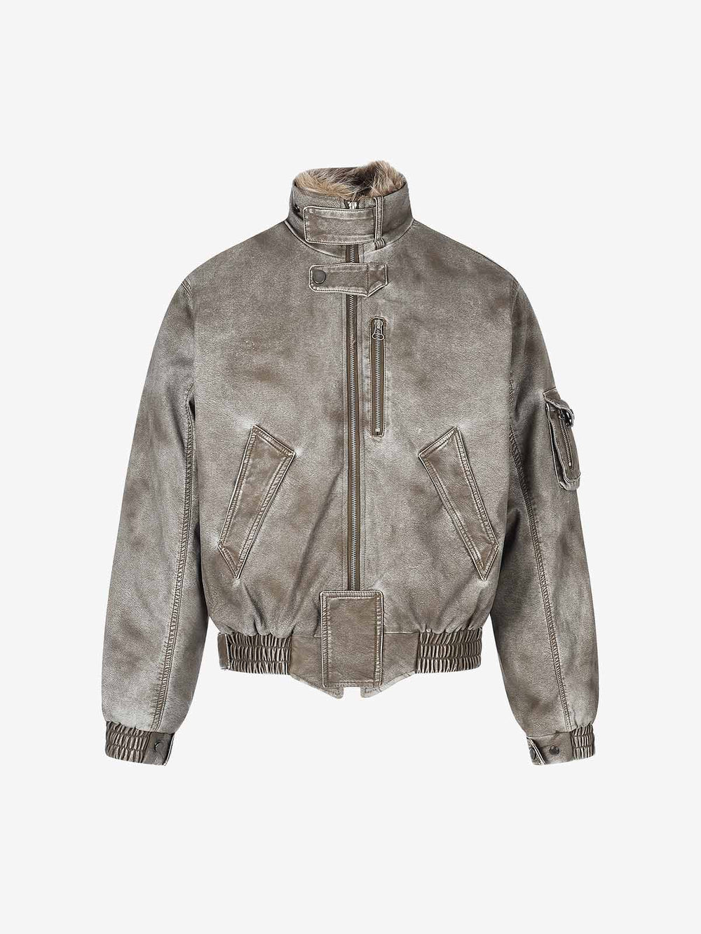 Washed High-Collar Multi-Zip Bomber Coat