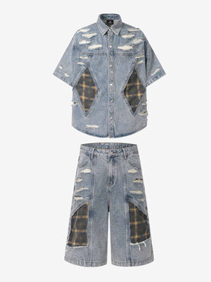 Retro Washed Plaid-Paneled Distressed Denim Set 