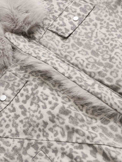 Vintage Leopard Fleece Faux Fur Collar Panel Trim Padded Jacket 