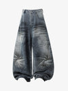 Denim Wide Leg Baggy Pants with Distressed Wash and Cuffed Hem for Women 