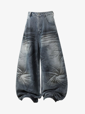 Denim Wide Leg Baggy Pants with Distressed Wash and Cuffed Hem for Women 