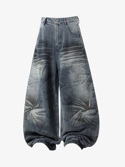 Denim Wide Leg Baggy Pants with Distressed Wash and Cuffed Hem for Women 