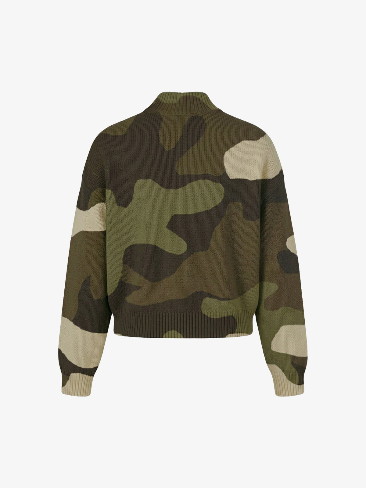 Camo Pattern Jacquard Knit Full-Zip Stand Collar Sweater