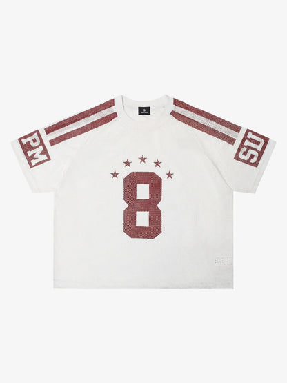 Mesh Jersey Number 8 Sports T-Shirt with Star Design and Sleeve Stripes 